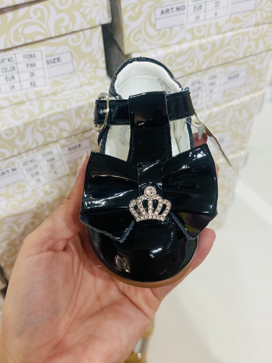 Beau Kid Girls Patent Black Leather Crown Shoes
